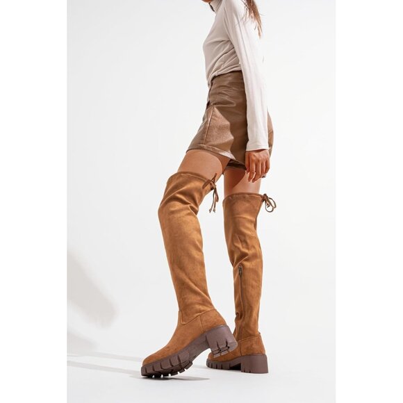 Women's Platform Boots-990-camel Over The Knee Thigh High Round Toe Long Boot - Picture 8 of 8
